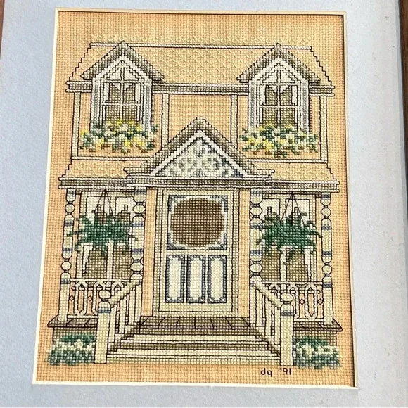 Vintage Cross Stitch Victorian House With Ferns Signed Dated - Picture 4 of 11